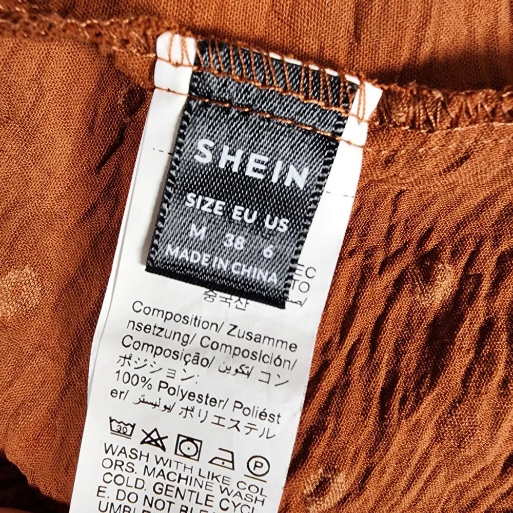 Shein Rust Brown Swiss Dot‎ Smocked Midi Dress Boho Tiered Short Puff Sleeve M 6 - Picture 3 of 11